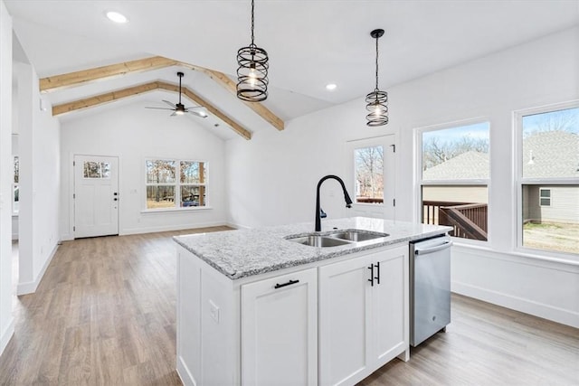 kitchen featuring pendant lighting, an island with sink, a sink, plenty of natural light, and stainless steel dishwasher