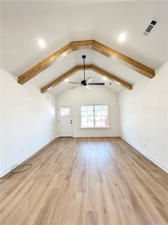 unfurnished living room featuring visible vents, lofted ceiling with beams, light wood-style floors, baseboards, and ceiling fan