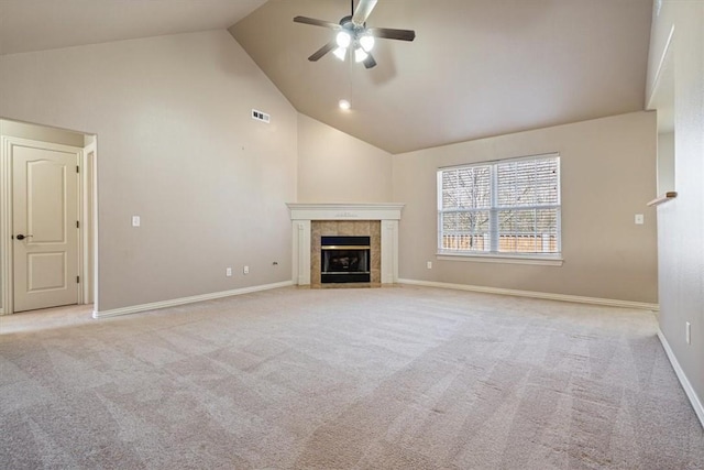 unfurnished living room featuring a ceiling fan, baseboards, visible vents, high vaulted ceiling, and carpet flooring