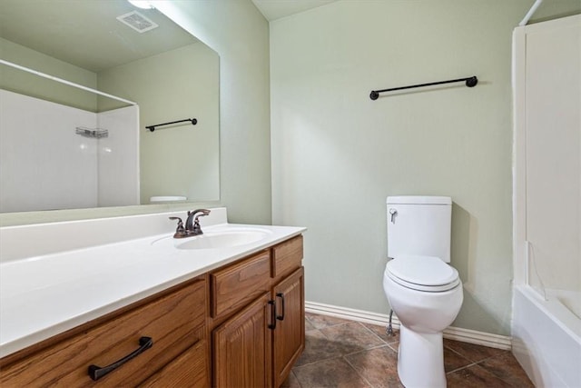 bathroom featuring visible vents, toilet, tile patterned flooring, baseboards, and vanity