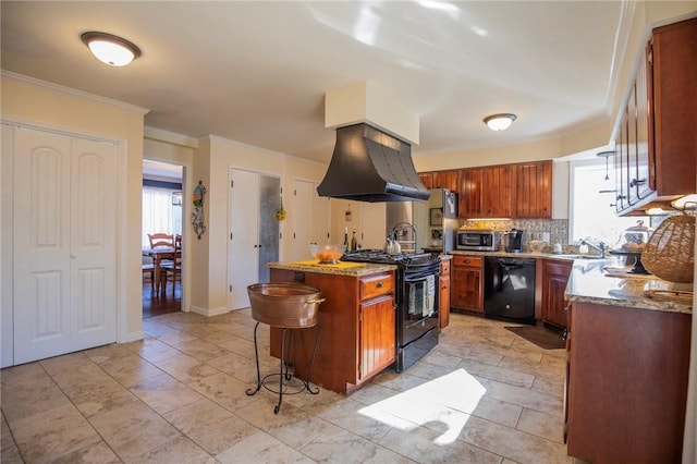 kitchen with tasteful backsplash, crown molding, a breakfast bar, island exhaust hood, and black appliances