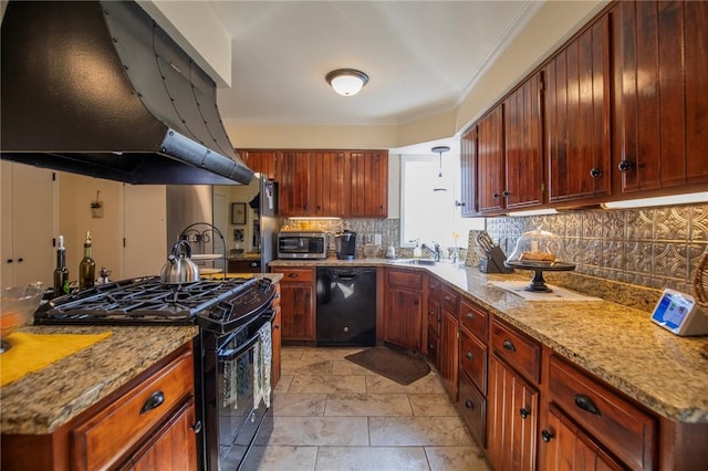 kitchen with island exhaust hood, a sink, decorative backsplash, black appliances, and crown molding