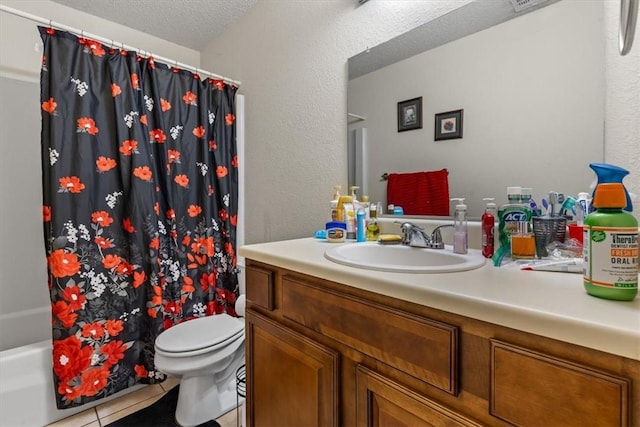 full bath featuring tile patterned flooring, toilet, vanity, a textured ceiling, and shower / bathtub combination with curtain