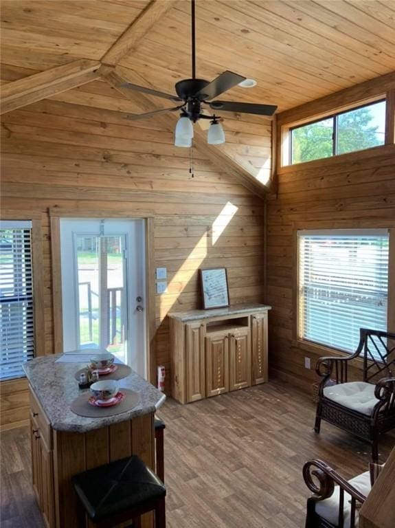 interior space with a ceiling fan, dark wood-type flooring, wood ceiling, and wood walls