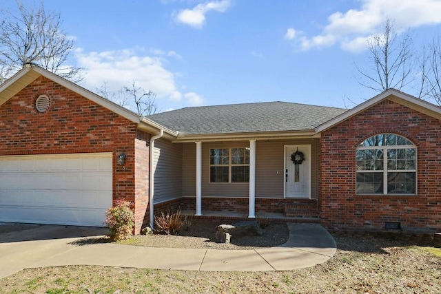 ranch-style house featuring driveway, an attached garage, covered porch, a shingled roof, and brick siding