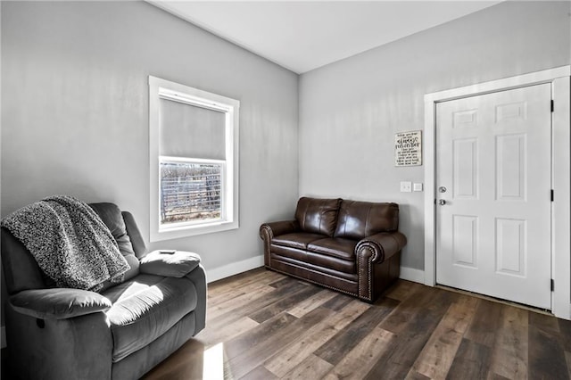 sitting room with baseboards and wood finished floors