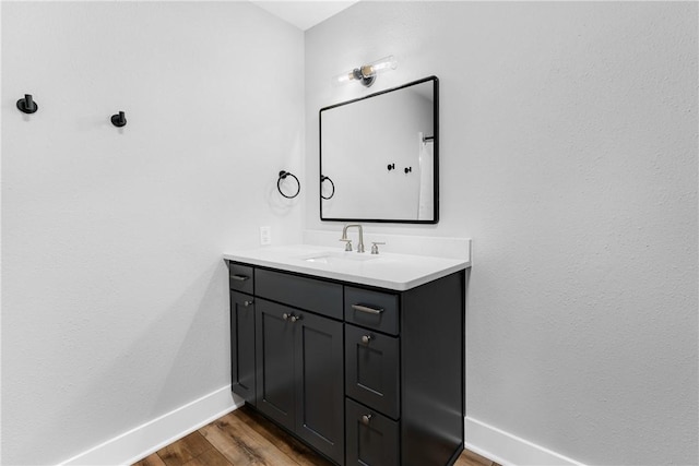 bathroom with vanity, baseboards, and wood finished floors