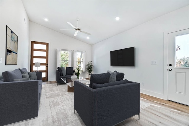 living area featuring recessed lighting, light wood-style flooring, baseboards, and ceiling fan