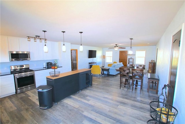 kitchen featuring white cabinets, ceiling fan, stainless steel appliances, a kitchen island, and dark wood finished floors
