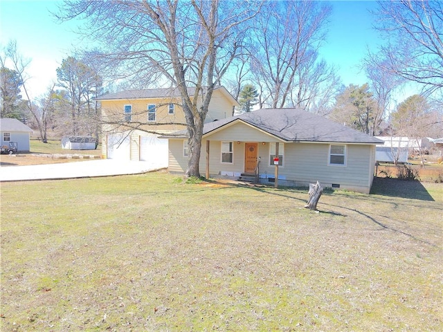 view of front facade featuring concrete driveway, a front yard, and crawl space