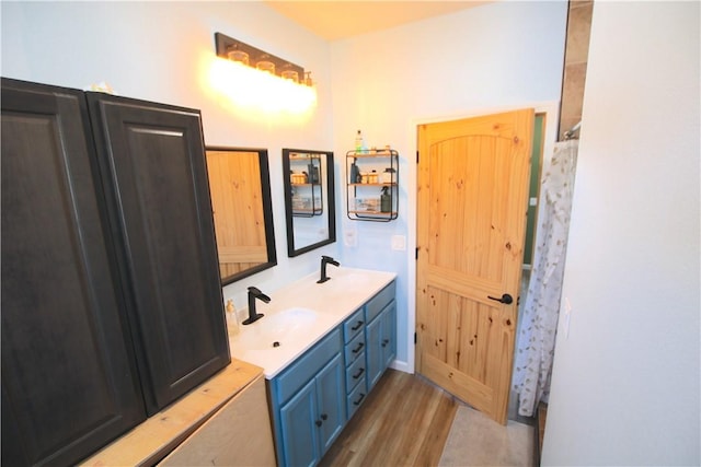 bathroom with double vanity, wood finished floors, and a sink