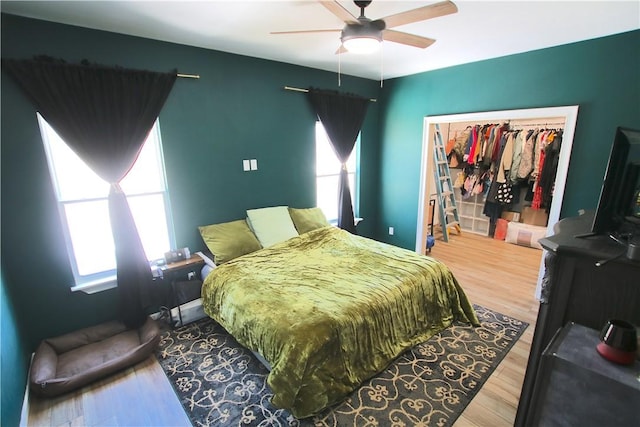 bedroom with multiple windows, ceiling fan, and wood finished floors