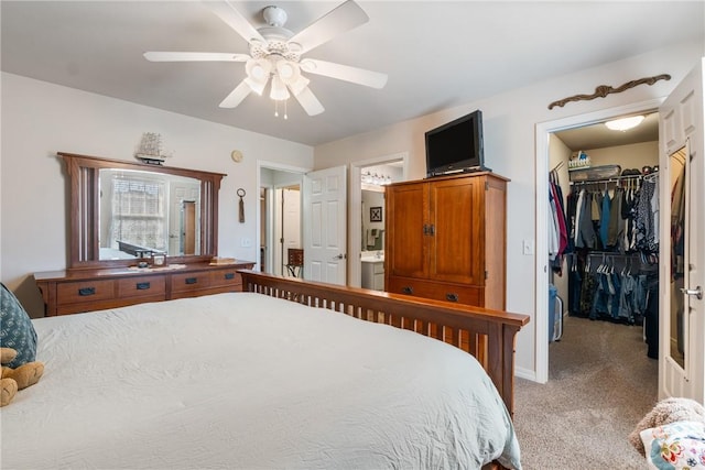 bedroom featuring carpet, ceiling fan, a closet, ensuite bathroom, and a walk in closet