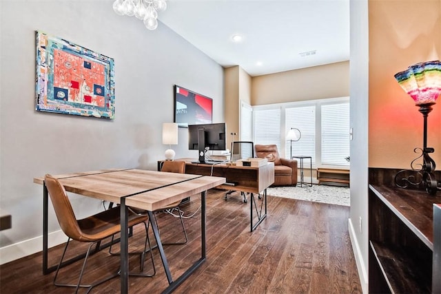 home office featuring recessed lighting, wood finished floors, visible vents, and baseboards