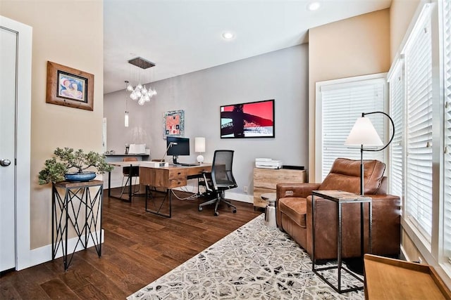 office with recessed lighting, baseboards, wood finished floors, and plenty of natural light