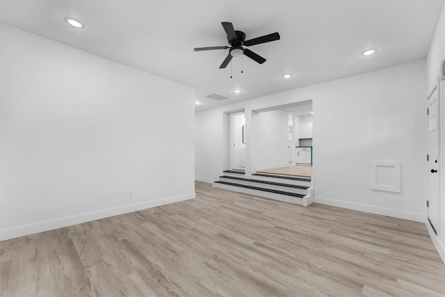 unfurnished living room with light wood finished floors, visible vents, baseboards, ceiling fan, and recessed lighting