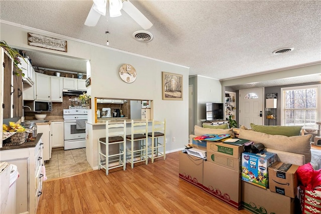 kitchen with light wood finished floors, visible vents, stainless steel microwave, white range with electric cooktop, and under cabinet range hood