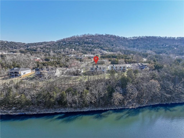 aerial view with a wooded view and a water and mountain view