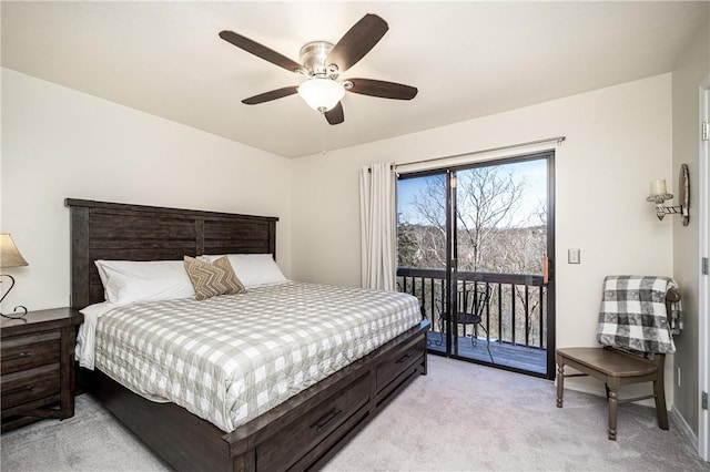 bedroom featuring light carpet, baseboards, a ceiling fan, and access to outside