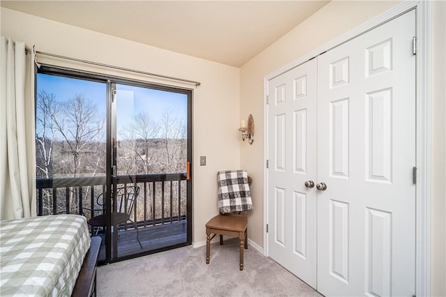 carpeted bedroom featuring access to exterior, baseboards, and a closet