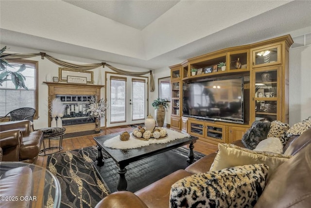 living area with a raised ceiling and wood finished floors