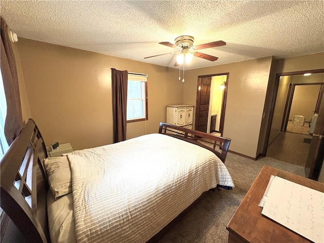 bedroom featuring baseboards, a textured ceiling, a ceiling fan, and carpet