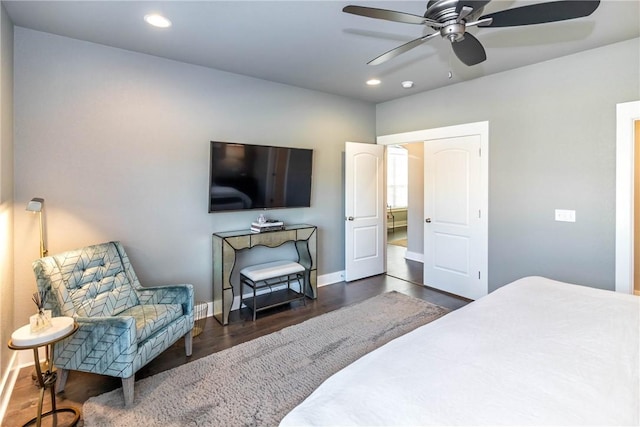 bedroom with recessed lighting, ceiling fan, baseboards, and wood finished floors