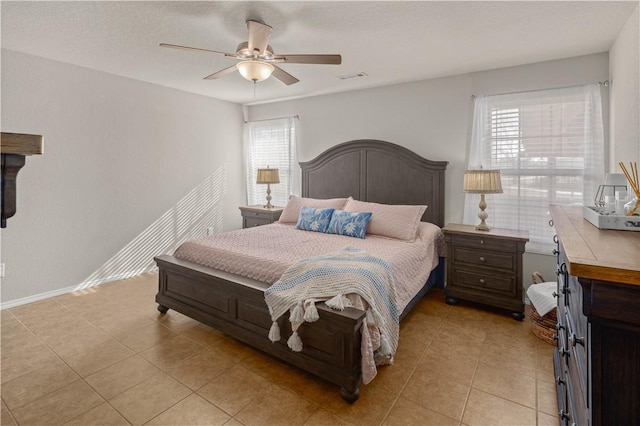 bedroom with light tile patterned floors, visible vents, multiple windows, and ceiling fan