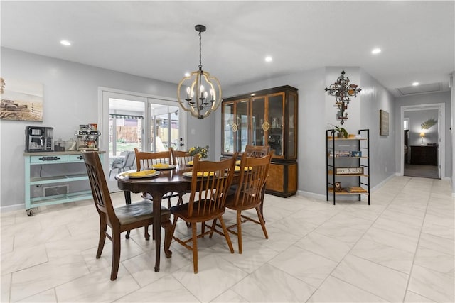 dining space with recessed lighting, baseboards, marble finish floor, and a chandelier