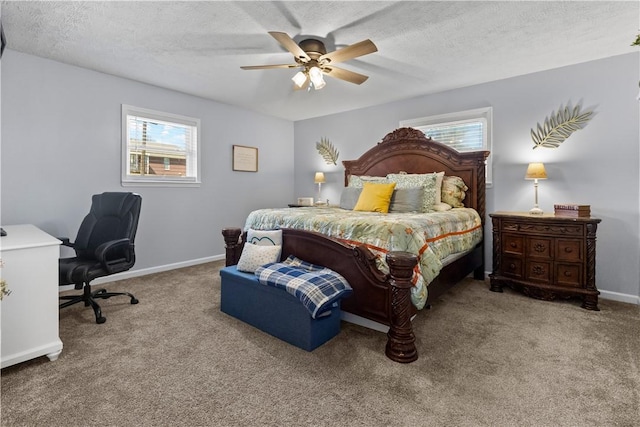 carpeted bedroom with multiple windows, baseboards, and a textured ceiling