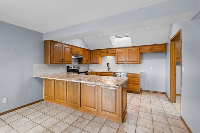 kitchen featuring a peninsula, decorative backsplash, appliances with stainless steel finishes, under cabinet range hood, and brown cabinets