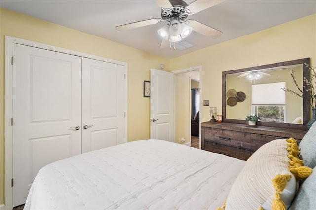 bedroom featuring a closet and ceiling fan