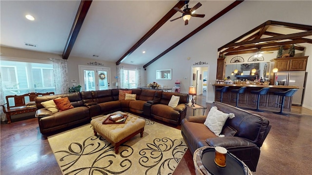 living room featuring visible vents, beam ceiling, high vaulted ceiling, a ceiling fan, and recessed lighting