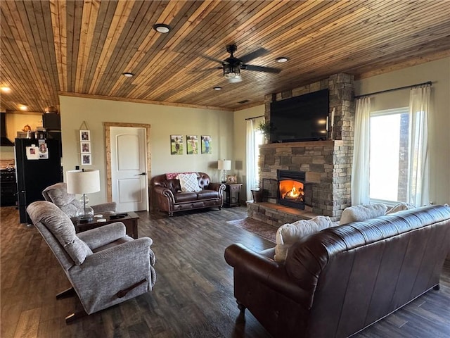 living area featuring a fireplace, wood ceiling, and dark wood-type flooring