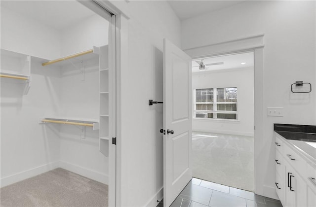 bathroom with vanity, a spacious closet, and baseboards