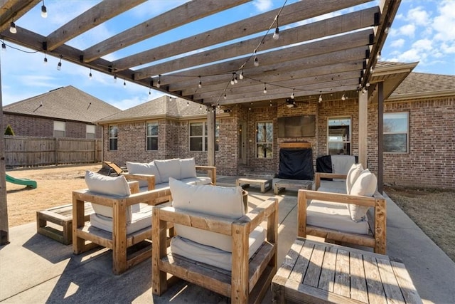 view of patio / terrace featuring a pergola, outdoor lounge area, and fence