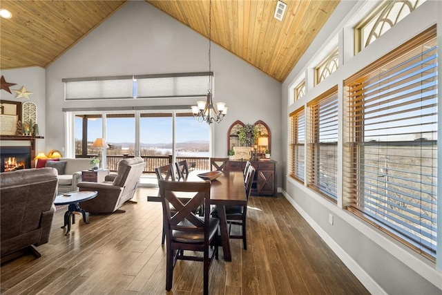 dining area with baseboards, high vaulted ceiling, wooden ceiling, and dark wood-style flooring