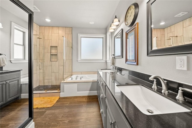 bathroom featuring a shower stall, wood finished floors, double vanity, and a sink