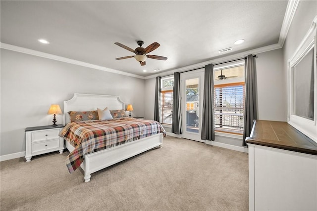 bedroom featuring light carpet, access to outside, crown molding, baseboards, and ceiling fan