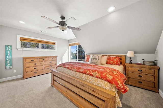 bedroom with visible vents, baseboards, light carpet, recessed lighting, and a ceiling fan