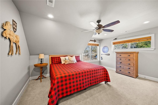 bedroom with carpet, baseboards, visible vents, a ceiling fan, and recessed lighting