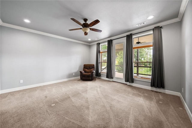 14137 Ozark Dr, Garfield, AR 72732 - unfurnished room featuring ornamental molding, a ceiling fan, carpet flooring, and recessed lighting