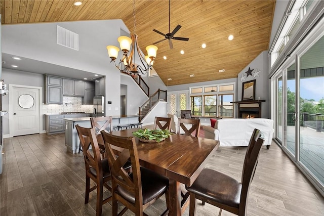 14137 Ozark Dr, Garfield, AR 72732 - dining space featuring wood ceiling, high vaulted ceiling, plenty of natural light, stairway, and recessed lighting
