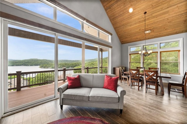 14137 Ozark Dr, Garfield, AR 72732 - sunroom featuring lofted ceiling, a chandelier, plenty of natural light, and a water view