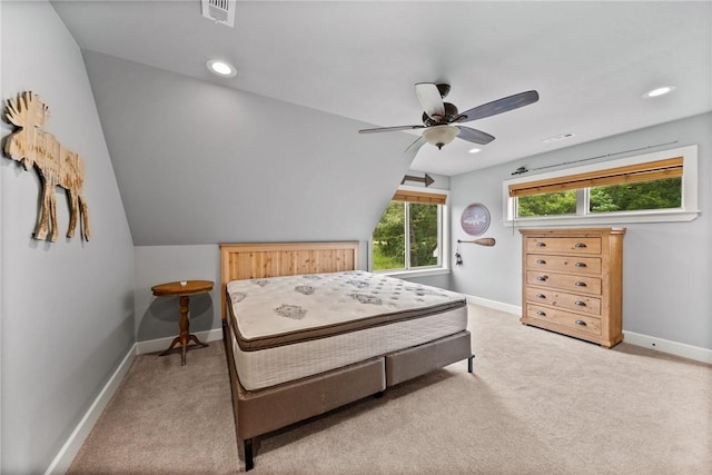 14137 Ozark Dr, Garfield, AR 72732 - bedroom with carpet, recessed lighting, lofted ceiling, and ceiling fan