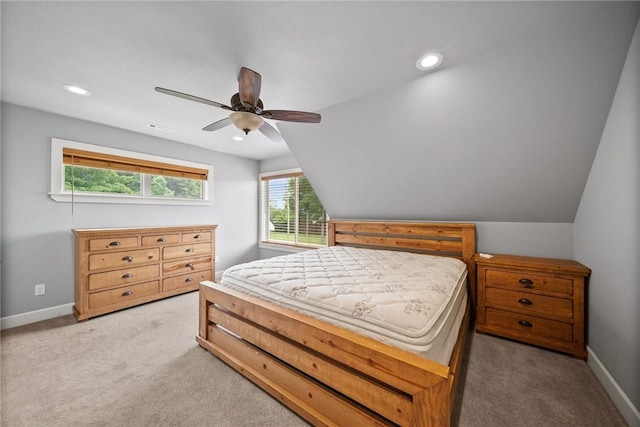14137 Ozark Dr, Garfield, AR 72732 - bedroom featuring light colored carpet, recessed lighting, ceiling fan, and lofted ceiling