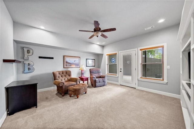 14137 Ozark Dr, Garfield, AR 72732 - living area with carpet flooring, a ceiling fan, and recessed lighting