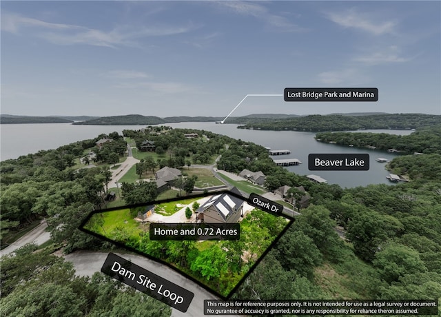 14137 Ozark Dr, Garfield, AR 72732 - aerial overview of property's location with a nearby body of water and property boundaries highlighted