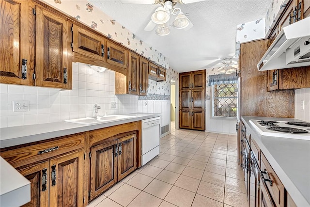 kitchen with ceiling fan, under cabinet range hood, dishwasher, brown cabinets, and a sink