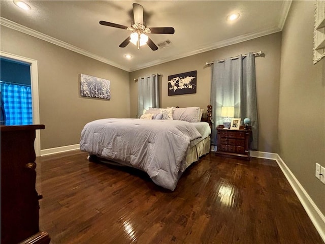 bedroom featuring crown molding, visible vents, baseboards, and wood-type flooring